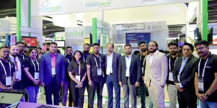 Team PromptTech with the CEOs of Technopark and Infopark, and GTech representatives at the GITEX Global 2023 in the Dubai World Trade Center
